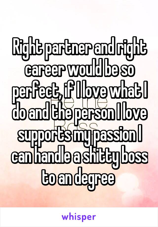 Right partner and right career would be so perfect, if I love what I do and the person I love supports my passion I can handle a shitty boss to an degree 