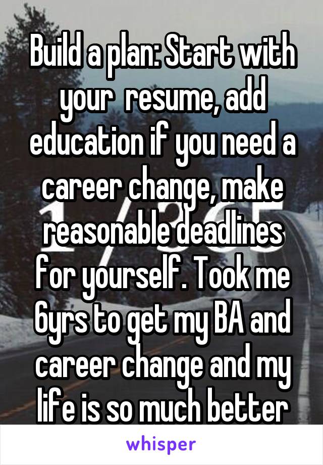 Build a plan: Start with your  resume, add education if you need a career change, make reasonable deadlines for yourself. Took me 6yrs to get my BA and career change and my life is so much better