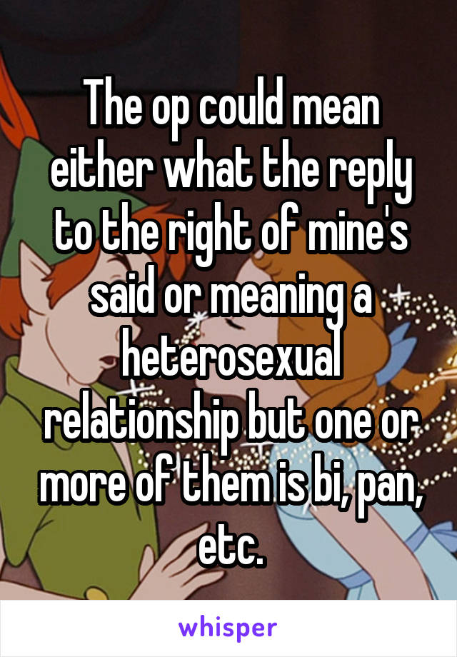 The op could mean either what the reply to the right of mine's said or meaning a heterosexual relationship but one or more of them is bi, pan, etc.