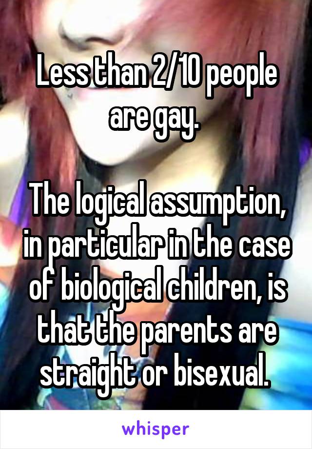 Less than 2/10 people are gay. 

The logical assumption, in particular in the case of biological children, is that the parents are straight or bisexual. 