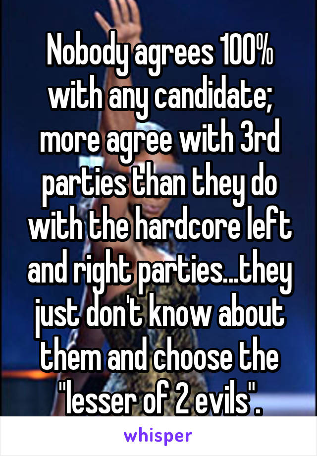 Nobody agrees 100% with any candidate; more agree with 3rd parties than they do with the hardcore left and right parties...they just don't know about them and choose the "lesser of 2 evils".