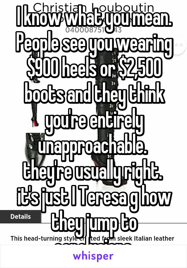 I know what you mean. People see you wearing $900 heels or $2,500 boots and they think you're entirely unapproachable. 
they're usually right.  it's just I Teresa g how they jump to conclusions.