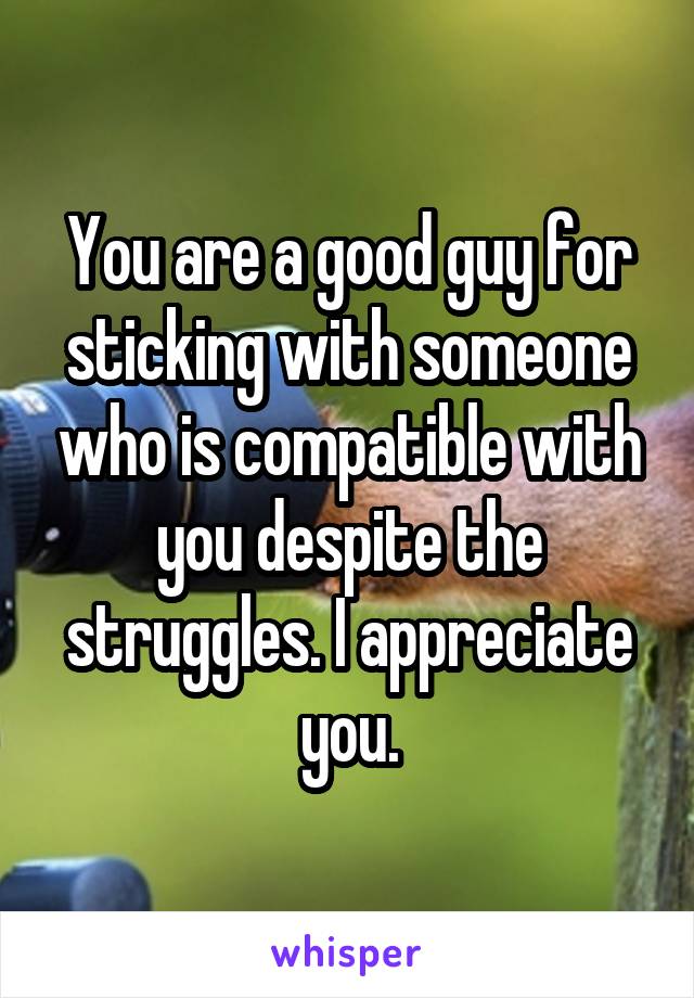 You are a good guy for sticking with someone who is compatible with you despite the struggles. I appreciate you.