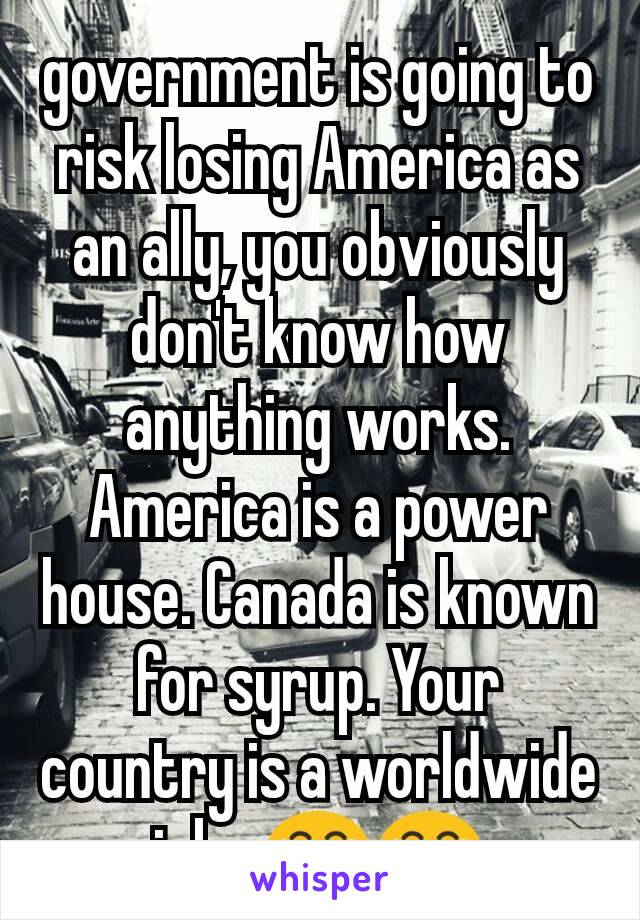 government is going to risk losing America as an ally, you obviously don't know how anything works. America is a power house. Canada is known for syrup. Your country is a worldwide joke 😂😂