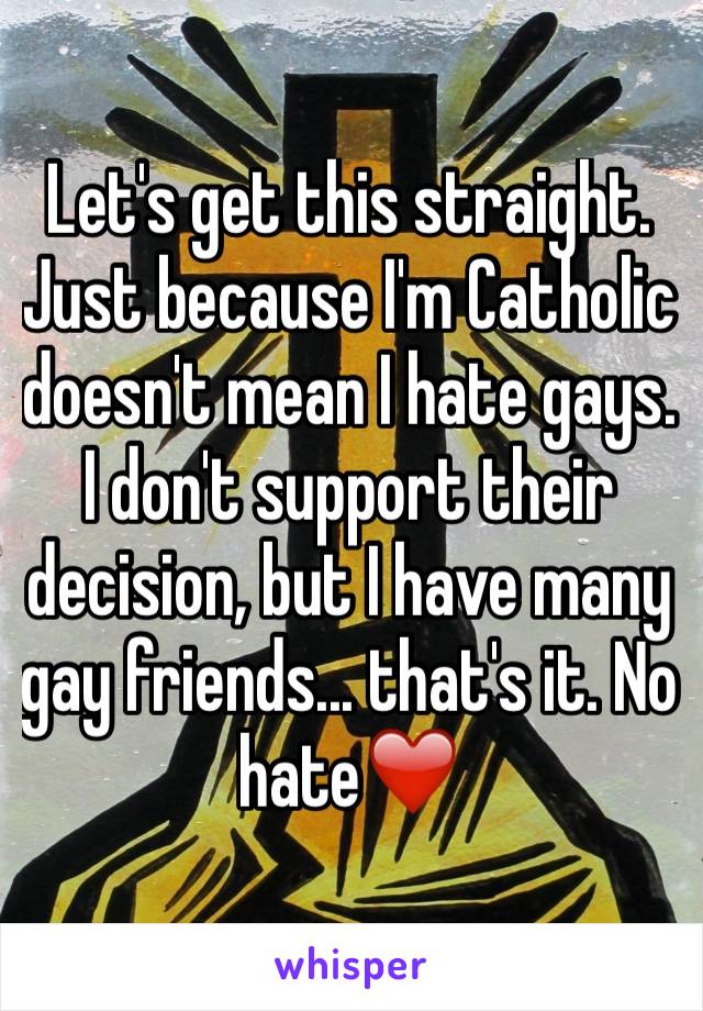Let's get this straight. Just because I'm Catholic doesn't mean I hate gays. I don't support their decision, but I have many gay friends... that's it. No hate❤️