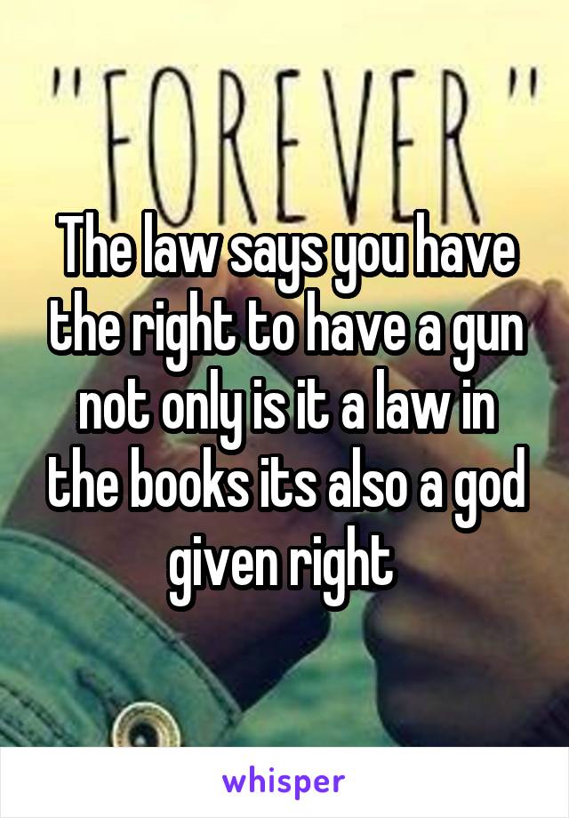 The law says you have the right to have a gun not only is it a law in the books its also a god given right 