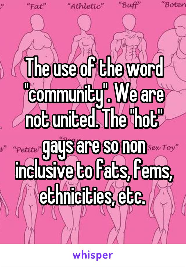 The use of the word "community". We are not united. The "hot" gays are so non inclusive to fats, fems, ethnicities, etc. 