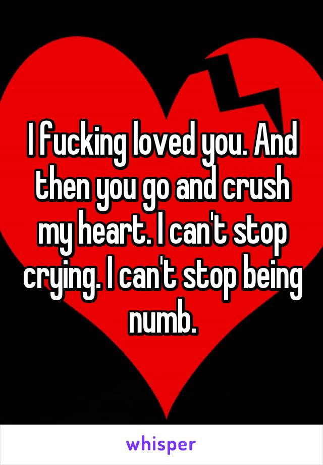 I fucking loved you. And then you go and crush my heart. I can't stop crying. I can't stop being numb.