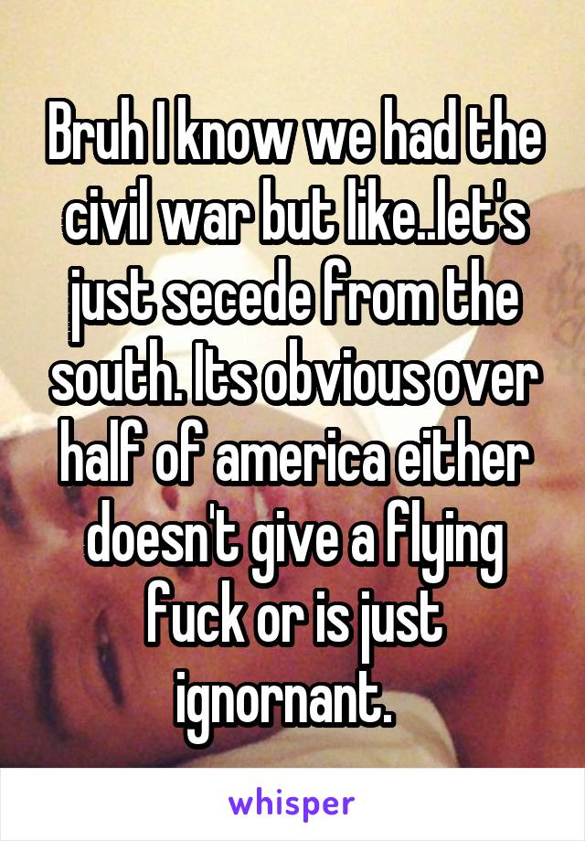 Bruh I know we had the civil war but like..let's just secede from the south. Its obvious over half of america either doesn't give a flying fuck or is just ignornant.  