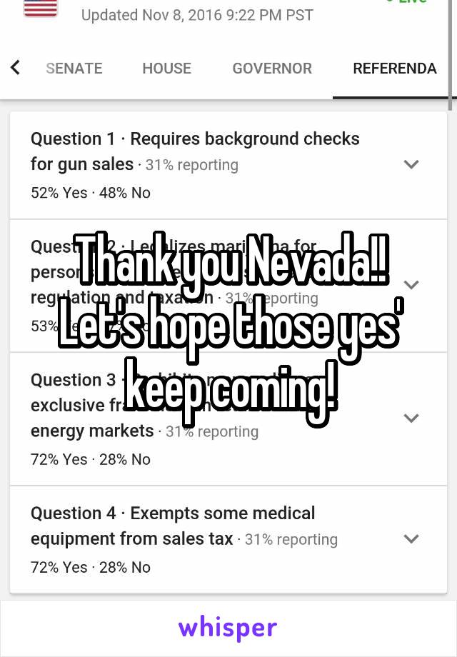 Thank you Nevada!!
Let's hope those yes' keep coming!
