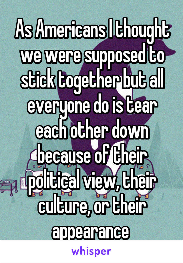 As Americans I thought we were supposed to stick together but all everyone do is tear each other down because of their political view, their culture, or their appearance 