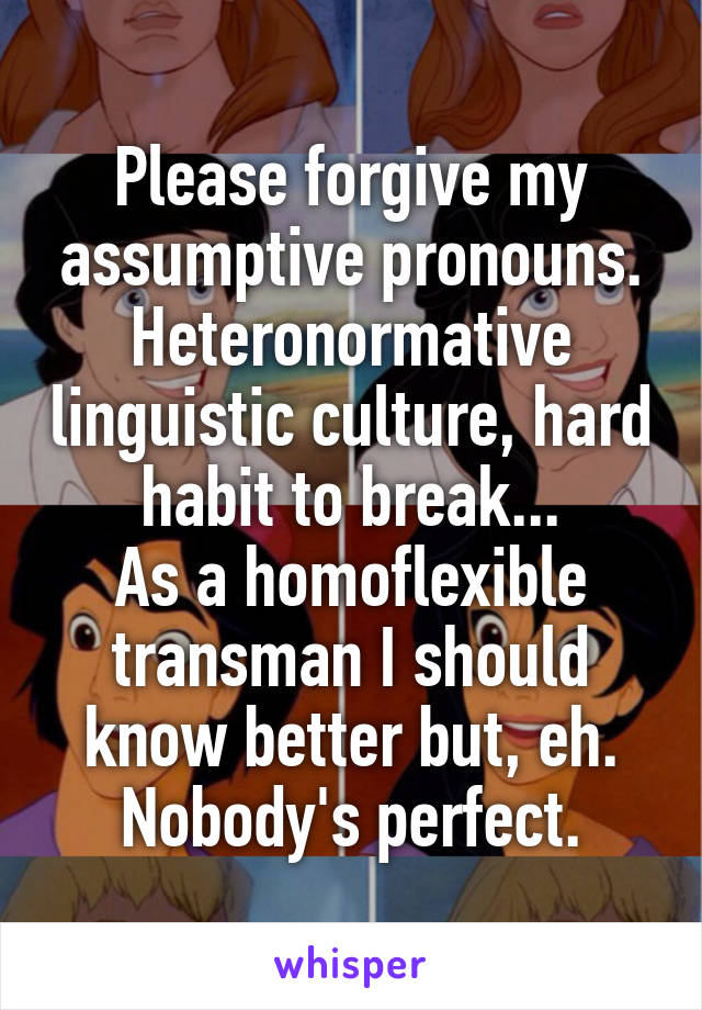 Please forgive my assumptive pronouns. Heteronormative linguistic culture, hard habit to break...
As a homoflexible transman I should know better but, eh. Nobody's perfect.