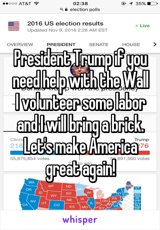 President Trump if you need help with the Wall I volunteer some labor and I will bring a brick. Let's make America great again!