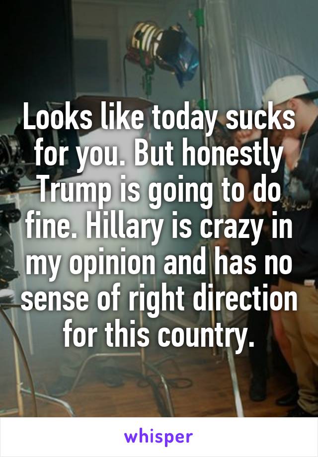 Looks like today sucks for you. But honestly Trump is going to do fine. Hillary is crazy in my opinion and has no sense of right direction for this country.