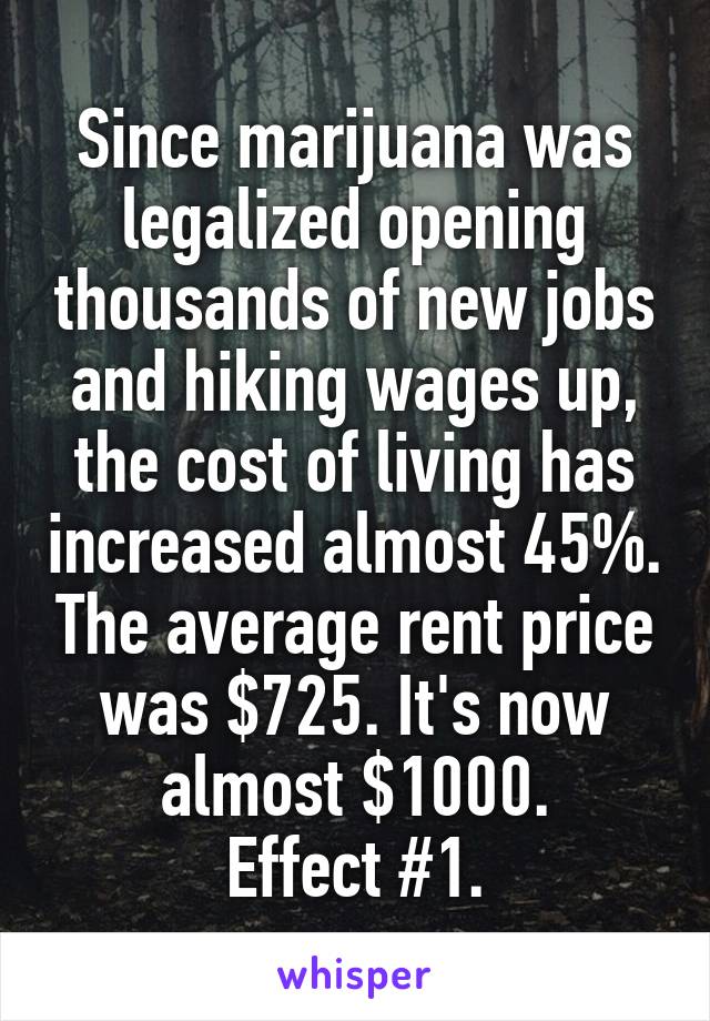 Since marijuana was legalized opening thousands of new jobs and hiking wages up, the cost of living has increased almost 45%. The average rent price was $725. It's now almost $1000.
Effect #1.