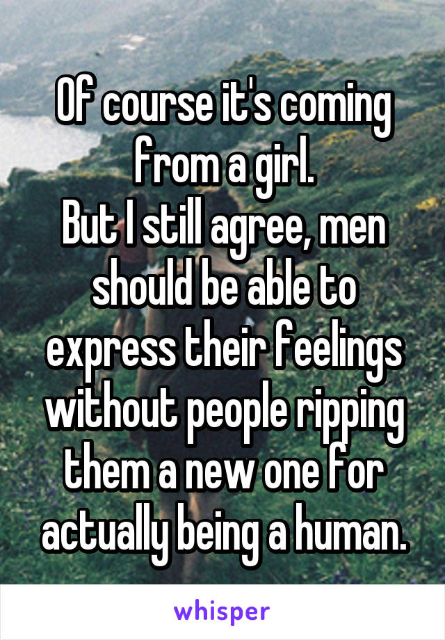 Of course it's coming from a girl.
But I still agree, men should be able to express their feelings without people ripping them a new one for actually being a human.