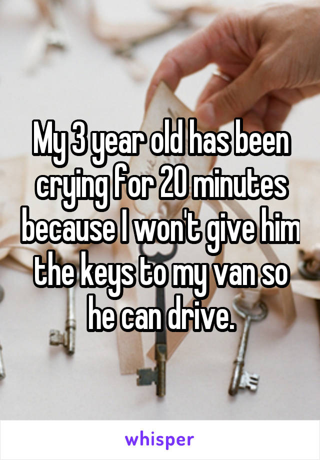 My 3 year old has been crying for 20 minutes because I won't give him the keys to my van so he can drive.