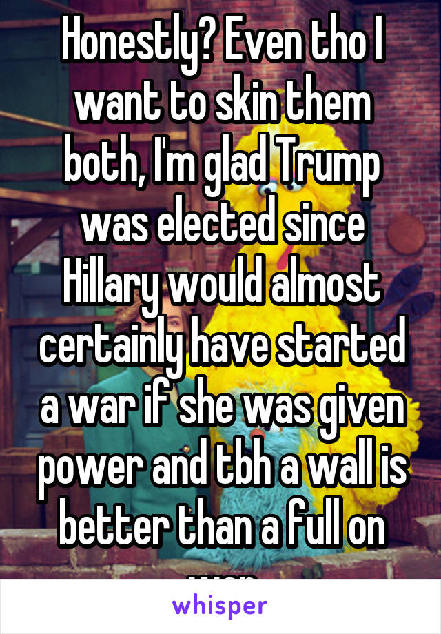Honestly? Even tho I want to skin them both, I'm glad Trump was elected since Hillary would almost certainly have started a war if she was given power and tbh a wall is better than a full on war
