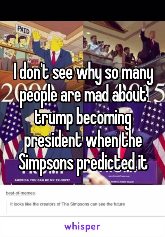 I don't see why so many people are mad about trump becoming president when the Simpsons predicted it