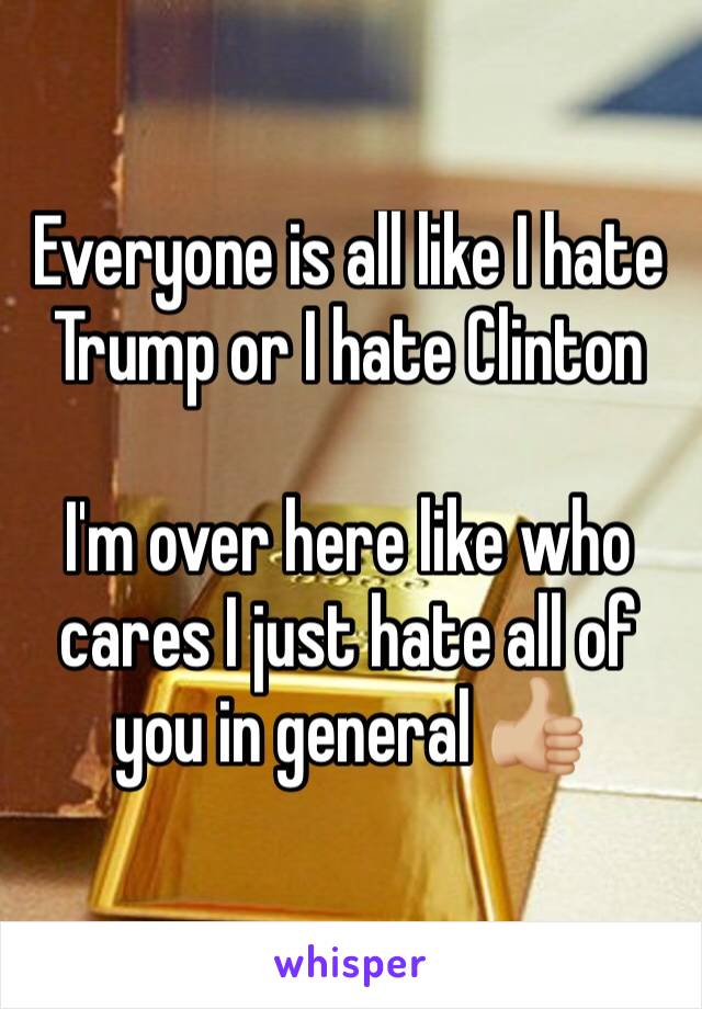 Everyone is all like I hate Trump or I hate Clinton 

I'm over here like who cares I just hate all of you in general 👍🏼