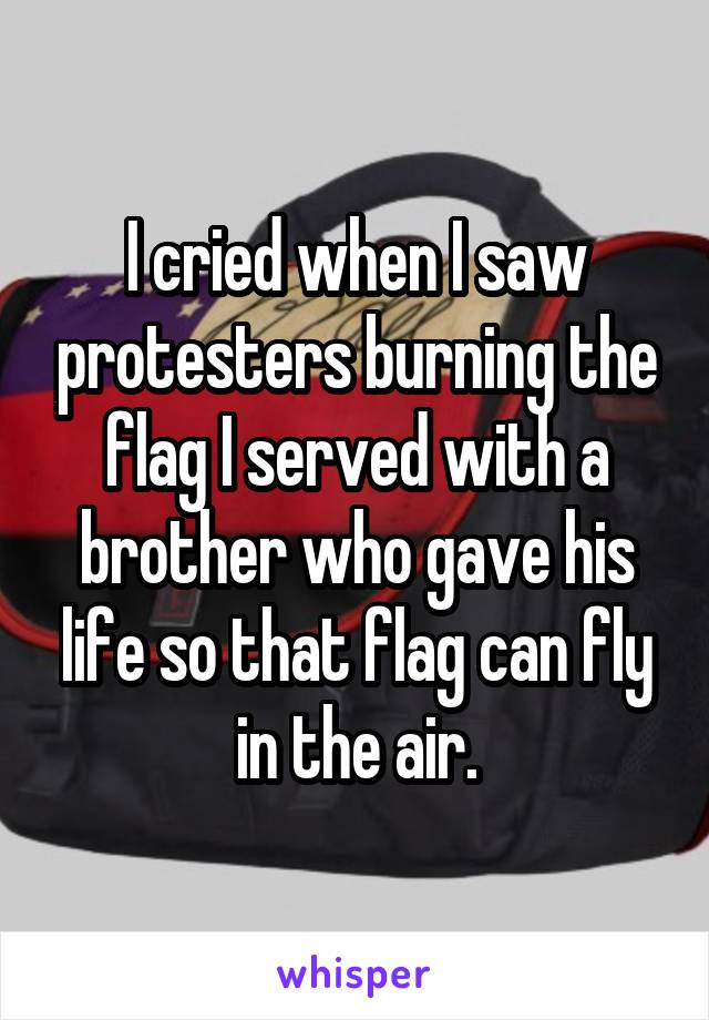I cried when I saw protesters burning the flag I served with a brother who gave his life so that flag can fly in the air.