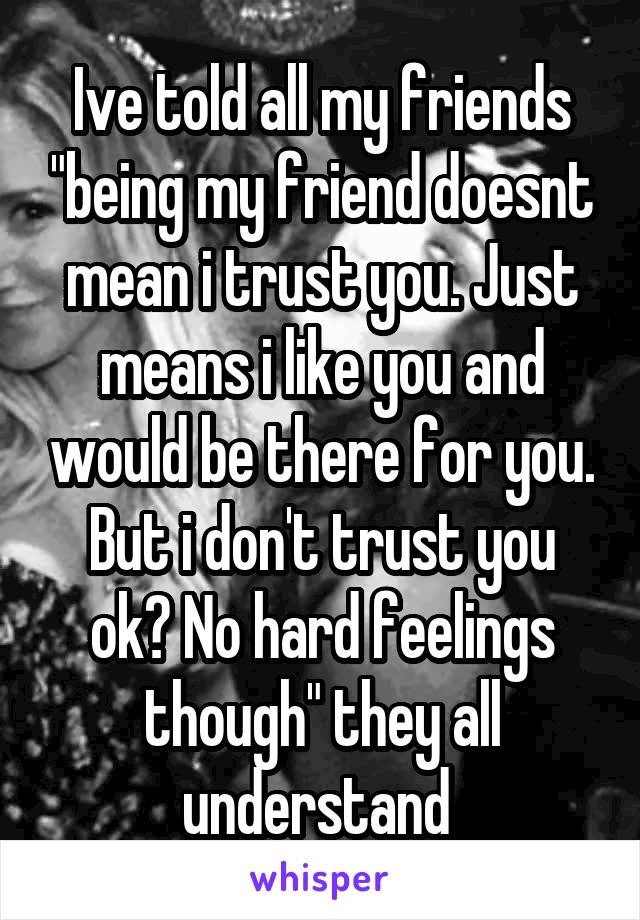 Ive told all my friends "being my friend doesnt mean i trust you. Just means i like you and would be there for you. But i don't trust you ok? No hard feelings though" they all understand 