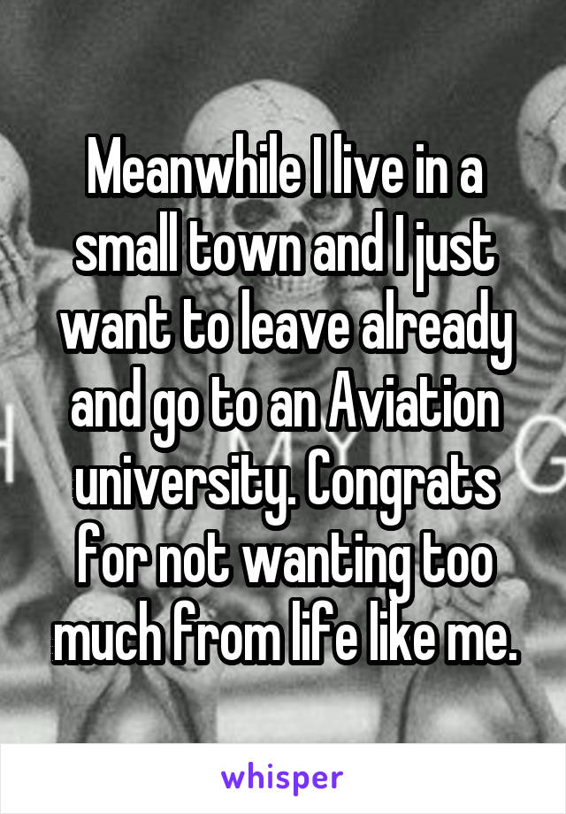 Meanwhile I live in a small town and I just want to leave already and go to an Aviation university. Congrats for not wanting too much from life like me.