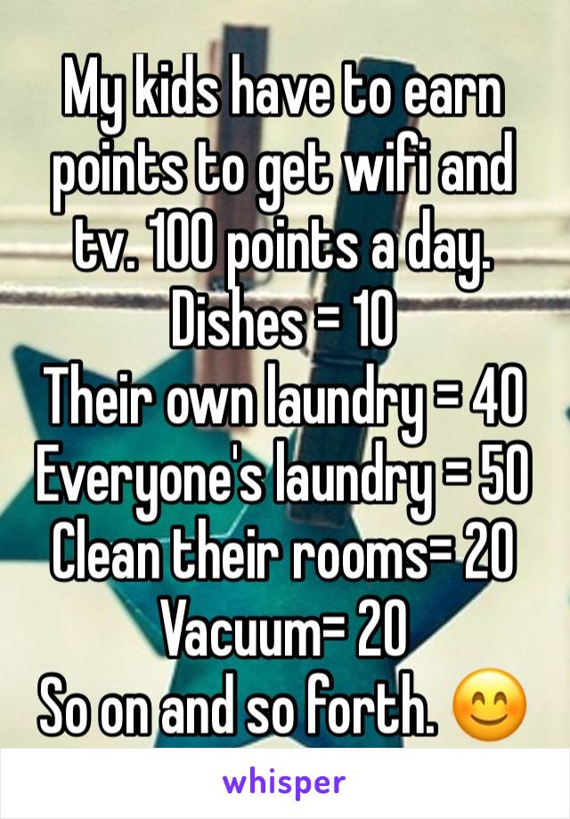 My kids have to earn points to get wifi and tv. 100 points a day.
Dishes = 10
Their own laundry = 40
Everyone's laundry = 50
Clean their rooms= 20
Vacuum= 20
So on and so forth. 😊