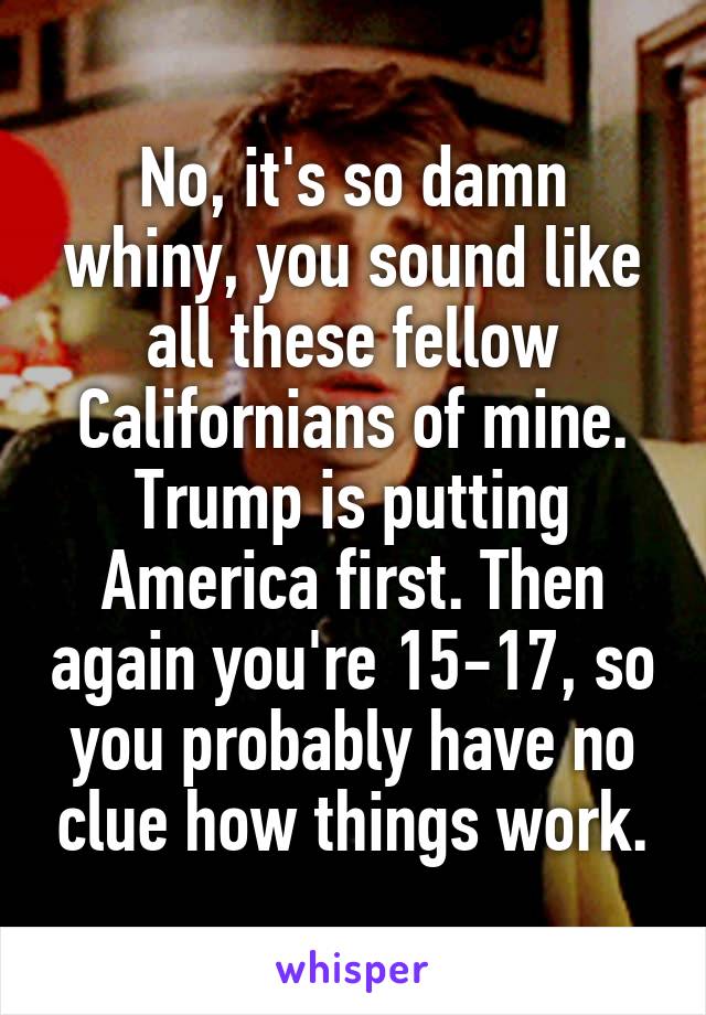 No, it's so damn whiny, you sound like all these fellow Californians of mine. Trump is putting America first. Then again you're 15-17, so you probably have no clue how things work.