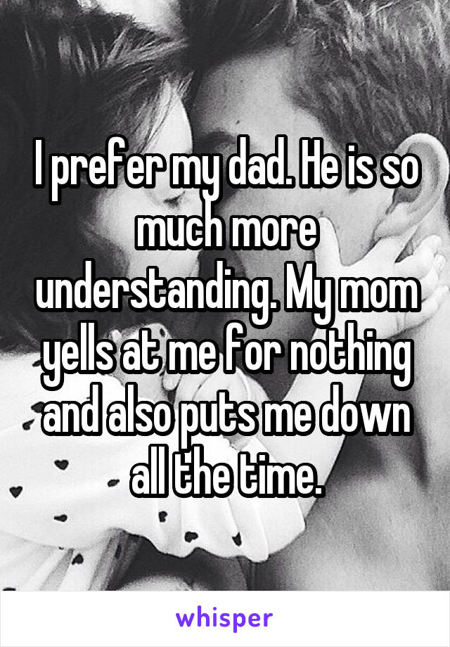 I prefer my dad. He is so much more understanding. My mom yells at me for nothing and also puts me down all the time.