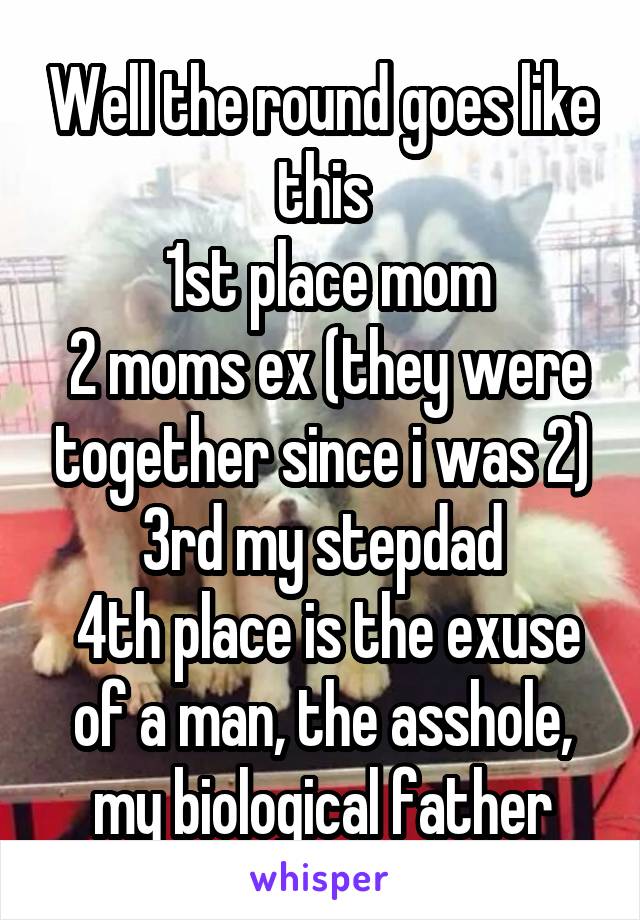 Well the round goes like this
 1st place mom
 2 moms ex (they were together since i was 2) 3rd my stepdad
 4th place is the exuse of a man, the asshole, my biological father