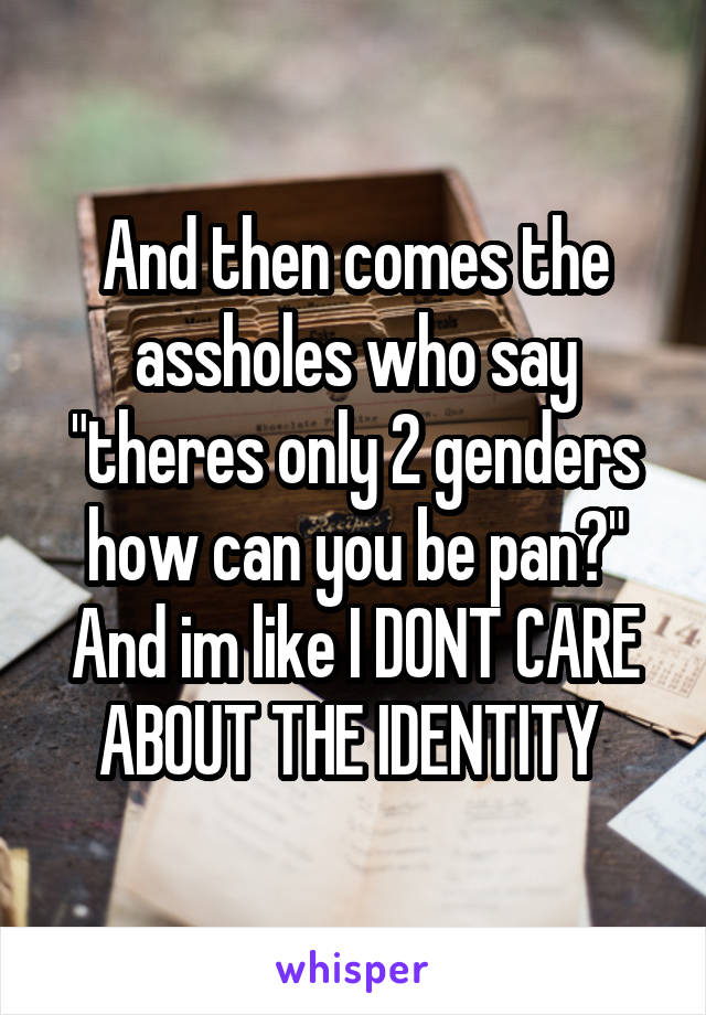 And then comes the assholes who say "theres only 2 genders how can you be pan?" And im like I DONT CARE ABOUT THE IDENTITY 