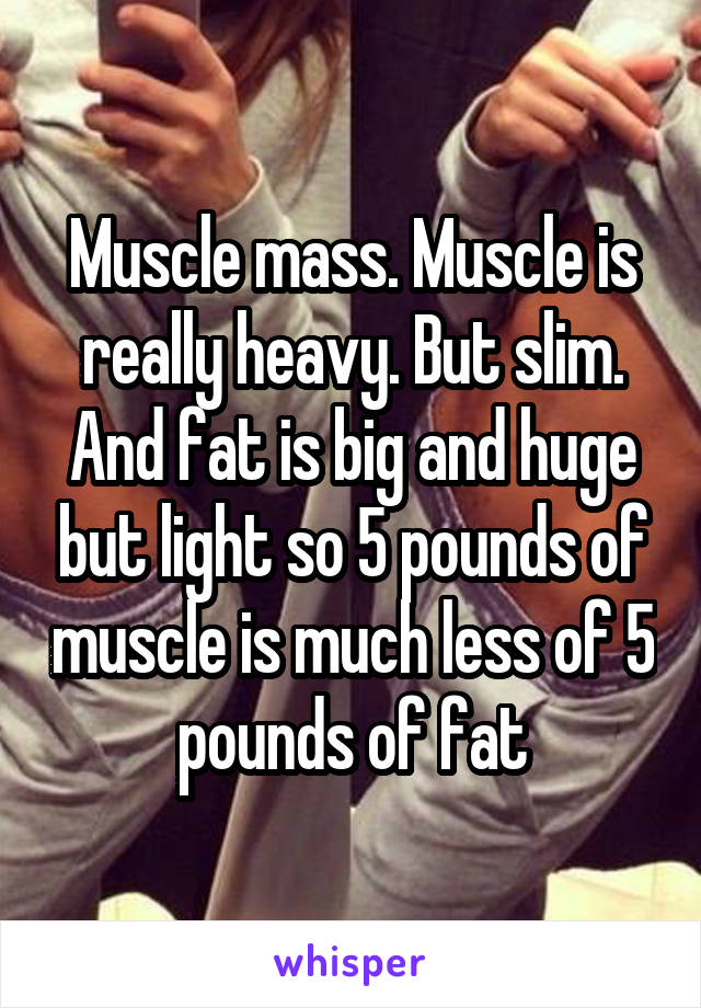 Muscle mass. Muscle is really heavy. But slim. And fat is big and huge but light so 5 pounds of muscle is much less of 5 pounds of fat