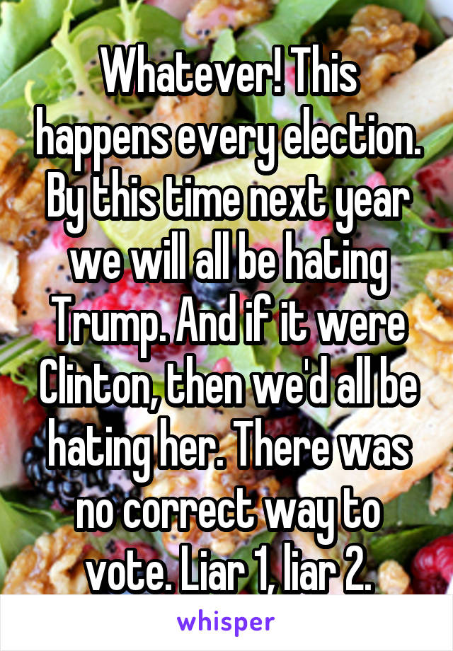 Whatever! This happens every election. By this time next year we will all be hating Trump. And if it were Clinton, then we'd all be hating her. There was no correct way to vote. Liar 1, liar 2.