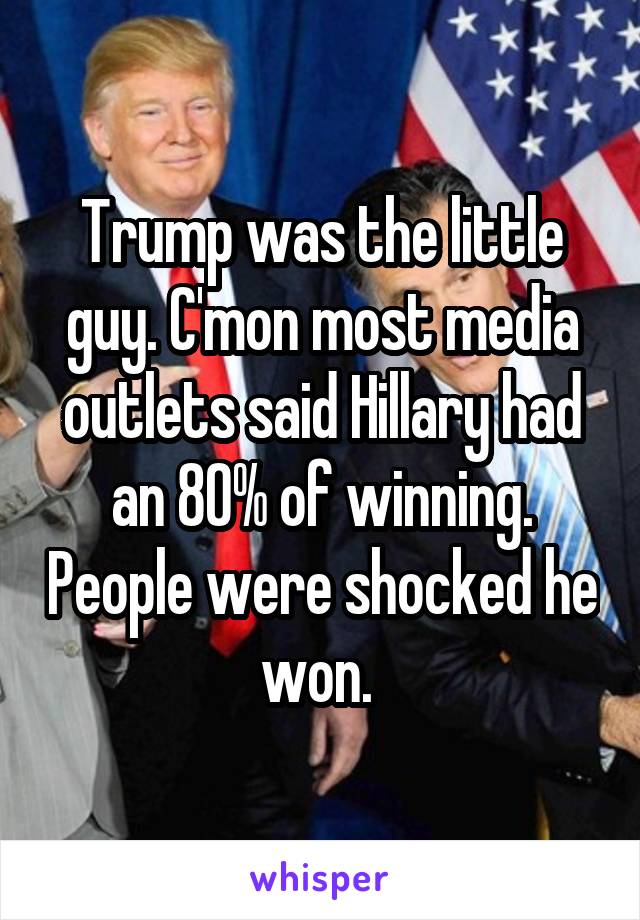 Trump was the little guy. C'mon most media outlets said Hillary had an 80% of winning. People were shocked he won. 