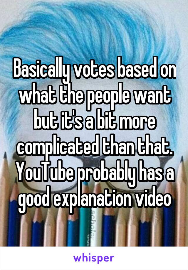 Basically votes based on what the people want but it's a bit more complicated than that. YouTube probably has a good explanation video