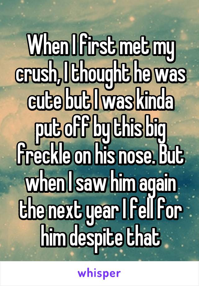 When I first met my crush, I thought he was cute but I was kinda put off by this big freckle on his nose. But when I saw him again the next year I fell for him despite that
