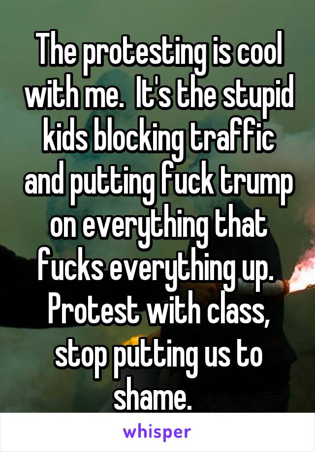The protesting is cool with me.  It's the stupid kids blocking traffic and putting fuck trump on everything that fucks everything up.  Protest with class, stop putting us to shame.  