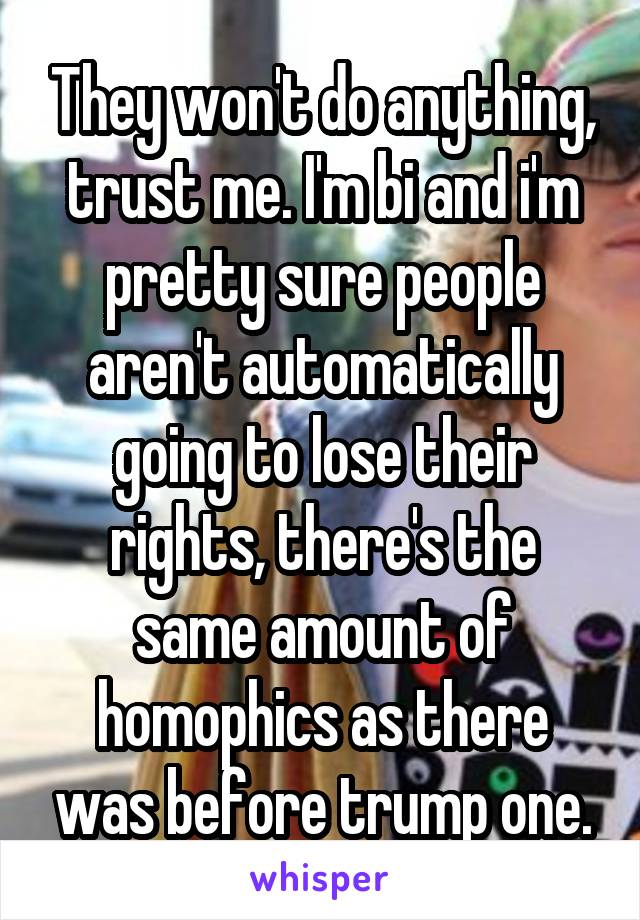 They won't do anything, trust me. I'm bi and i'm pretty sure people aren't automatically going to lose their rights, there's the same amount of homophics as there was before trump one.