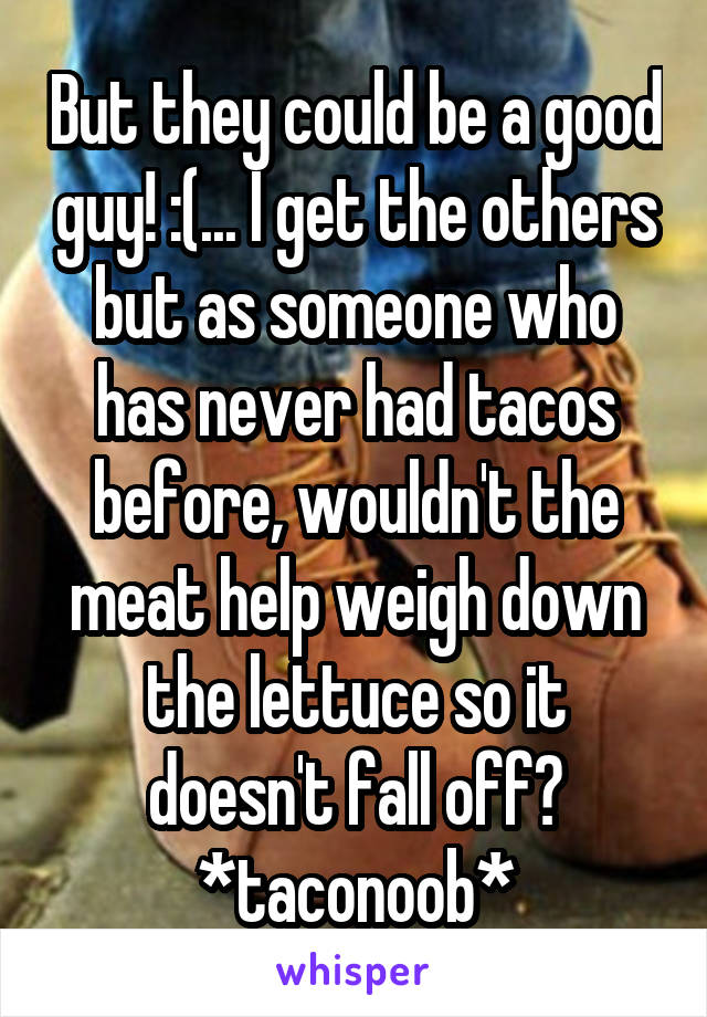 But they could be a good guy! :(... I get the others but as someone who has never had tacos before, wouldn't the meat help weigh down the lettuce so it doesn't fall off? *taconoob*