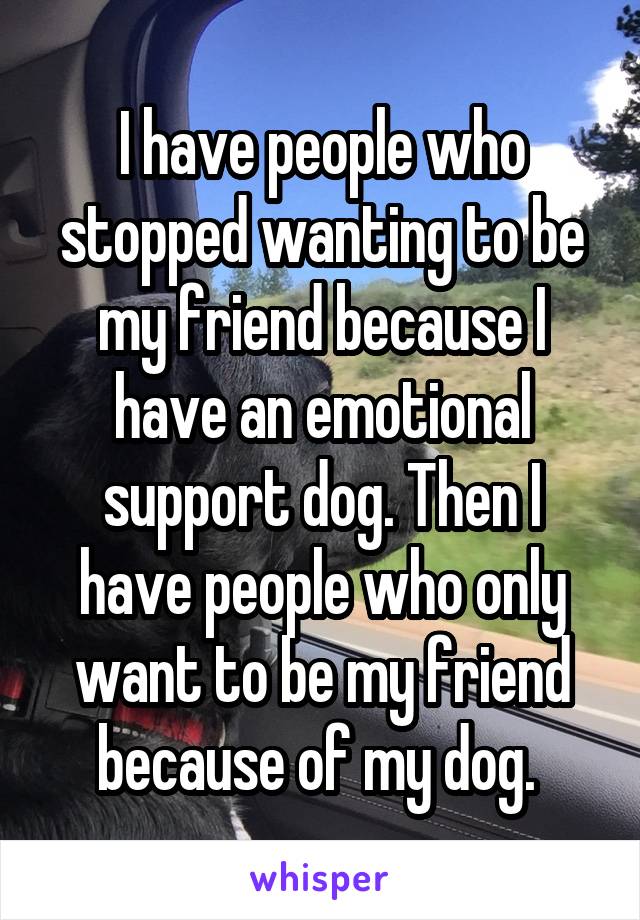I have people who stopped wanting to be my friend because I have an emotional support dog. Then I have people who only want to be my friend because of my dog. 