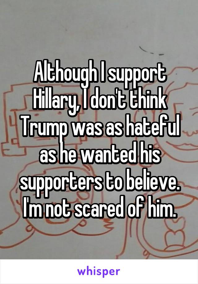 Although I support Hillary, I don't think Trump was as hateful as he wanted his supporters to believe.
I'm not scared of him.