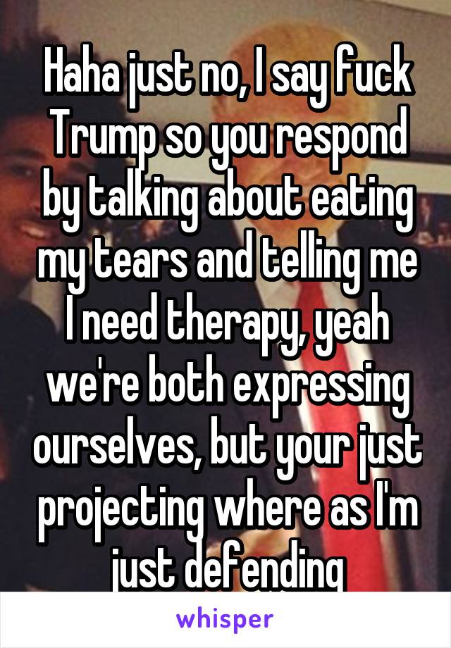 Haha just no, I say fuck Trump so you respond by talking about eating my tears and telling me I need therapy, yeah we're both expressing ourselves, but your just projecting where as I'm just defending