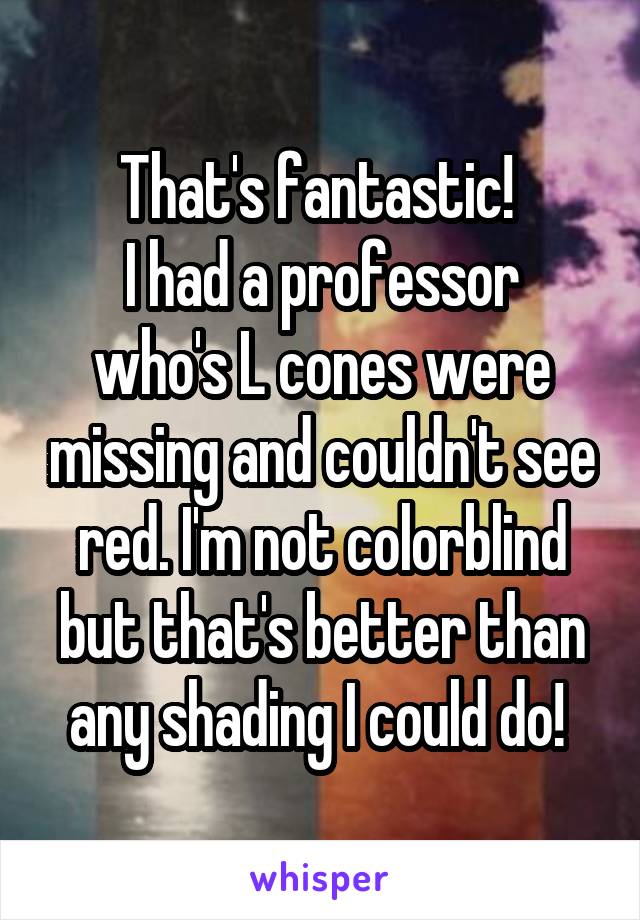 That's fantastic! 
I had a professor who's L cones were missing and couldn't see red. I'm not colorblind but that's better than any shading I could do! 