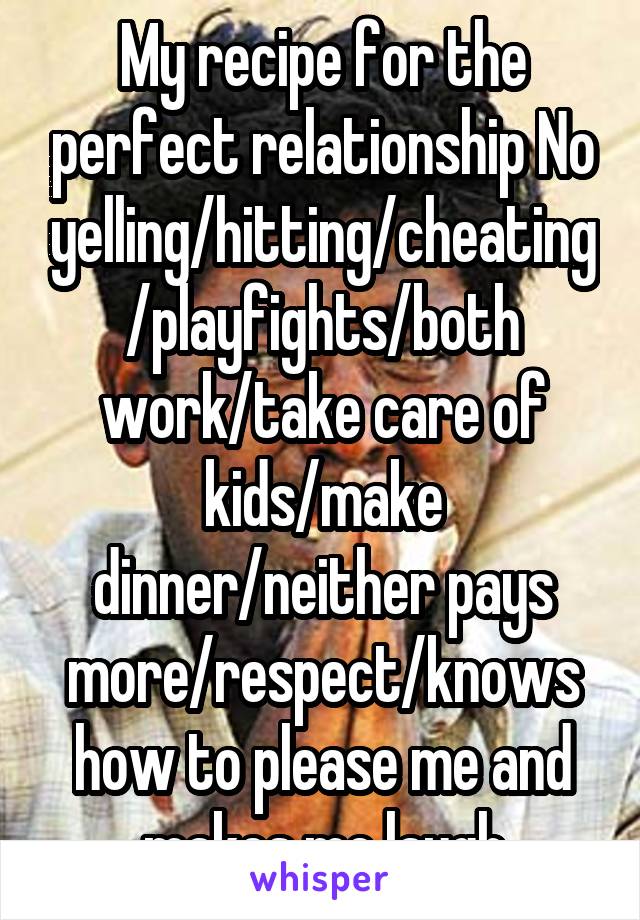 My recipe for the perfect relationship No yelling/hitting/cheating/playfights/both work/take care of kids/make dinner/neither pays more/respect/knows how to please me and makes me laugh
