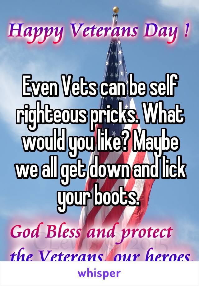 Even Vets can be self righteous pricks. What would you like? Maybe we all get down and lick your boots. 