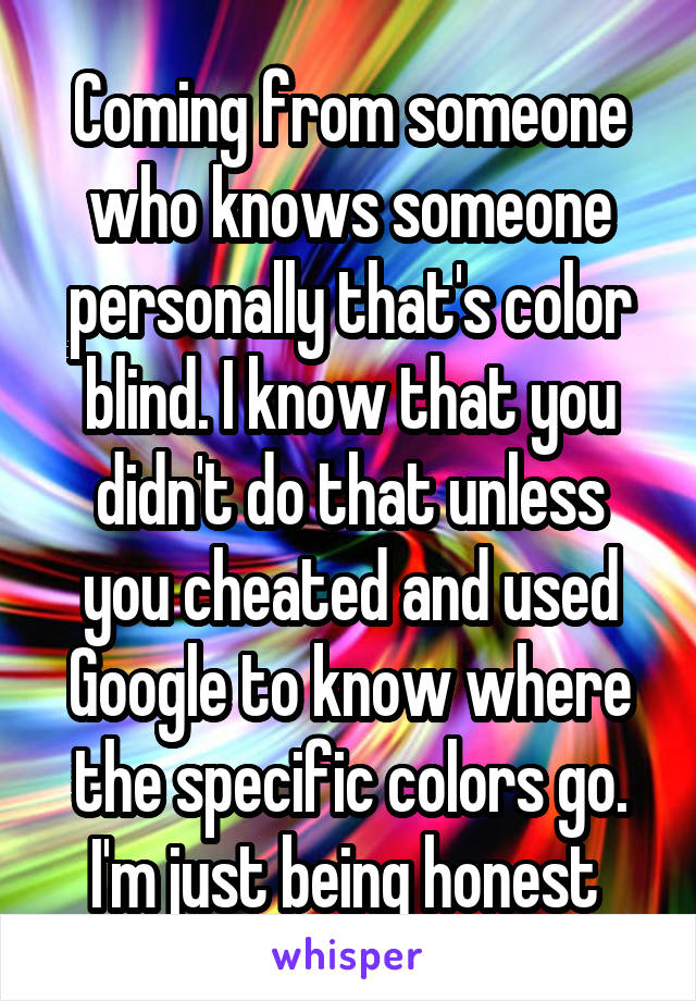 Coming from someone who knows someone personally that's color blind. I know that you didn't do that unless you cheated and used Google to know where the specific colors go. I'm just being honest 