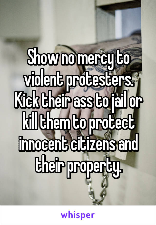 Show no mercy to violent protesters. Kick their ass to jail or kill them to protect innocent citizens and their property.