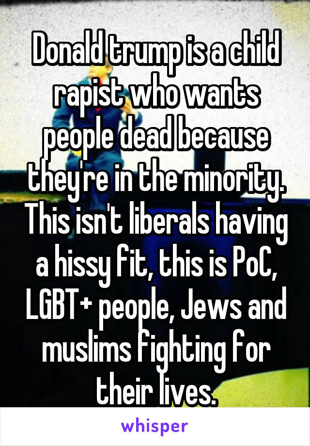 Donald trump is a child rapist who wants people dead because they're in the minority. This isn't liberals having a hissy fit, this is PoC, LGBT+ people, Jews and muslims fighting for their lives.