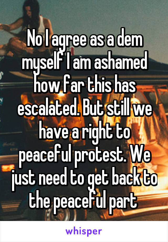 No I agree as a dem myself I am ashamed how far this has escalated. But still we have a right to peaceful protest. We just need to get back to the peaceful part 